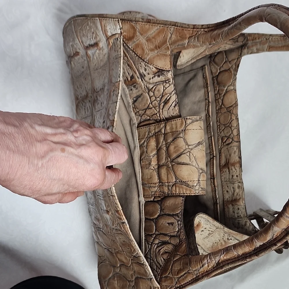 Brahmin Tan Croc-Embossed Leather Shoulder Bag with Goldtone Hardware Medium